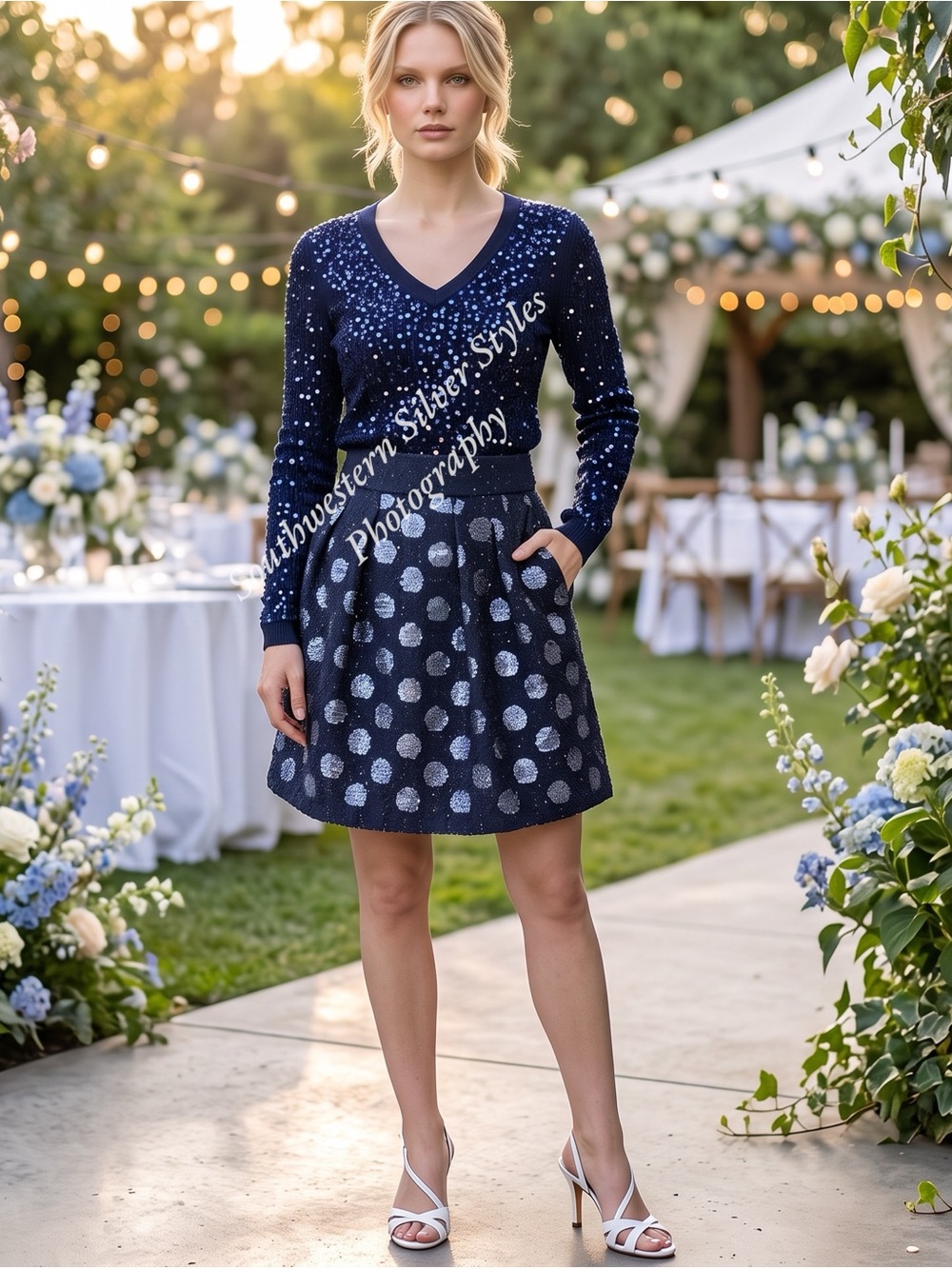 Eva Franco for Anthropologie Navy Blue Sequins Textured Polka Dot Tweed Skirt